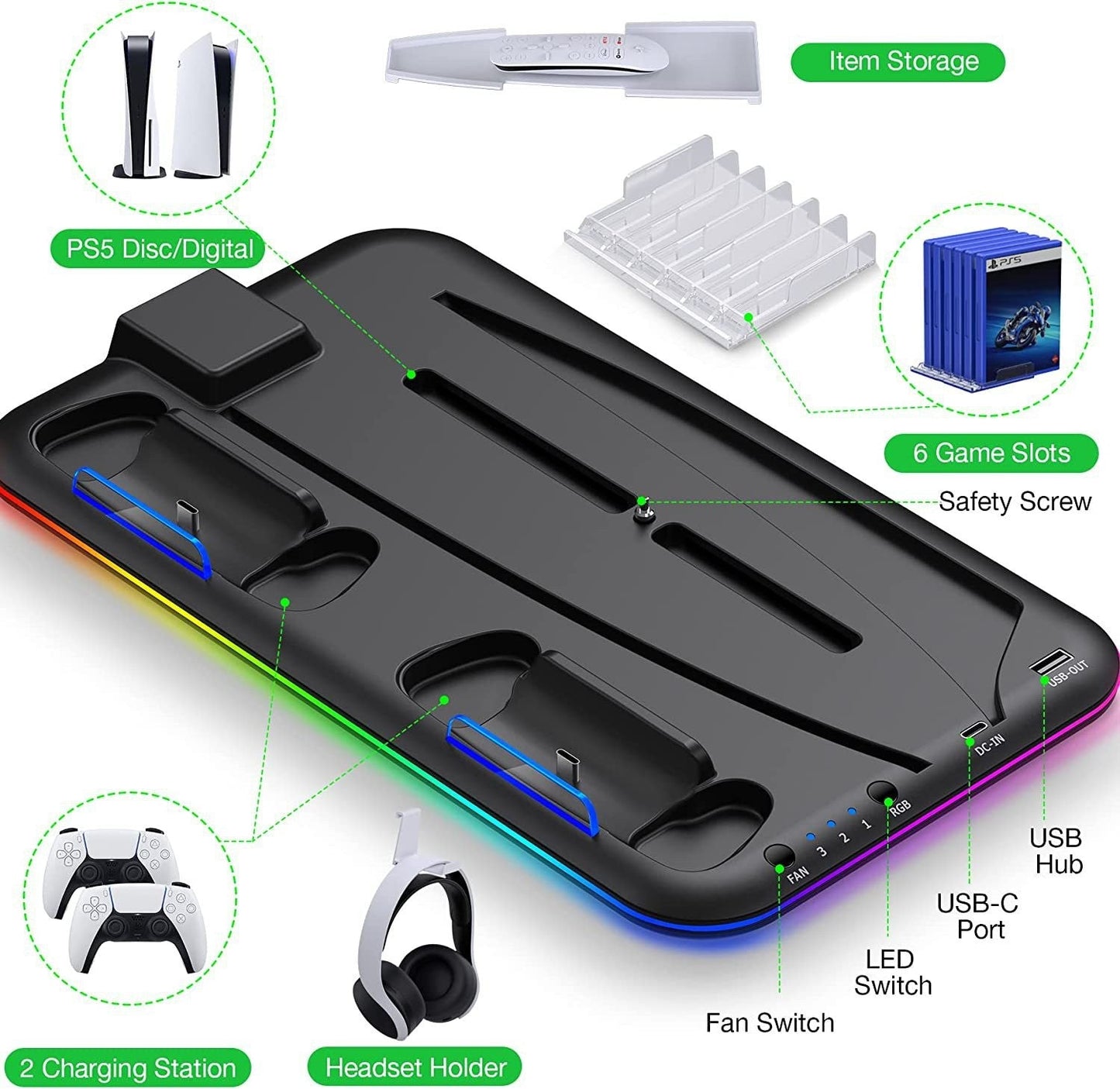PS5 Charging Dock with RGB Light for Controllers and HeadsetNIMBRIX